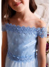 Off Shoulder Sky Blue Lace Tulle Corset Back Flower Girl Dress